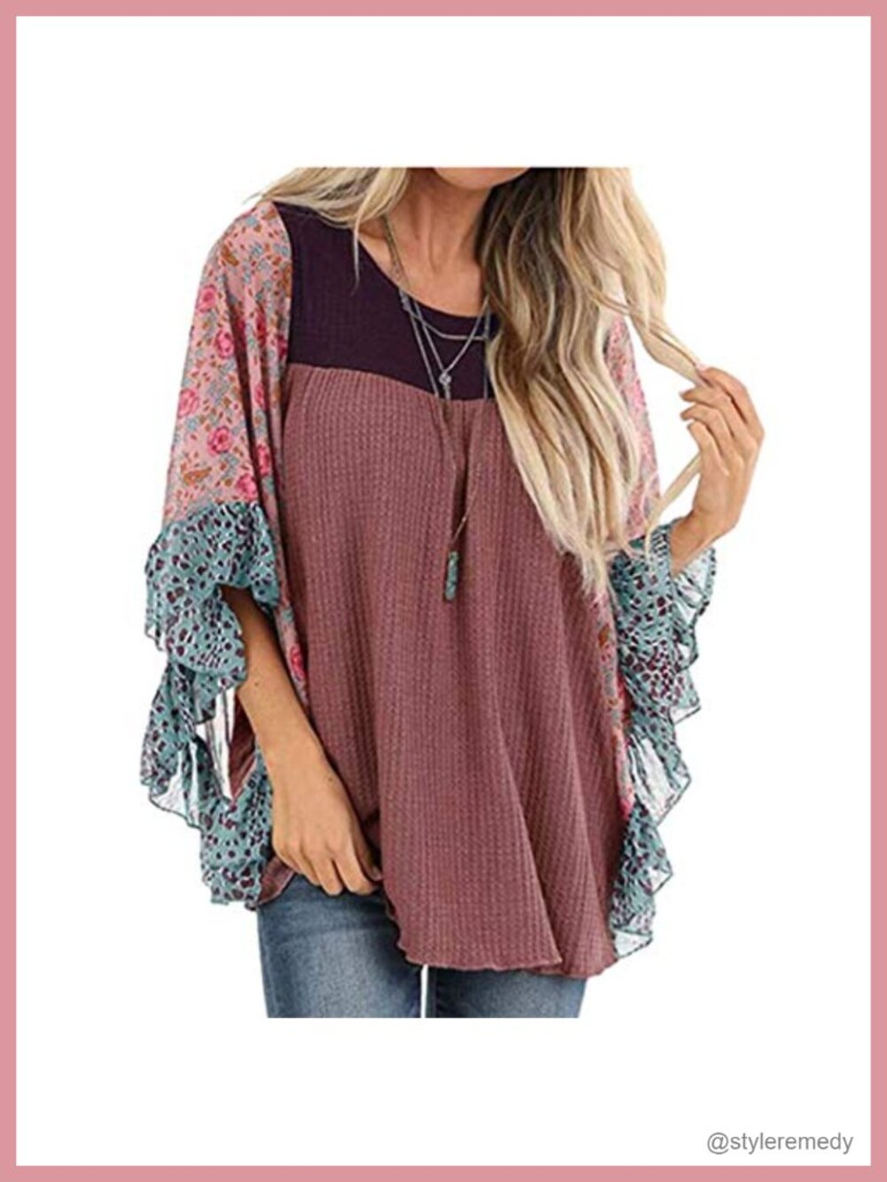 Floral Waffle Knit 3/4 Batwing Sleeve Pullover Blouse